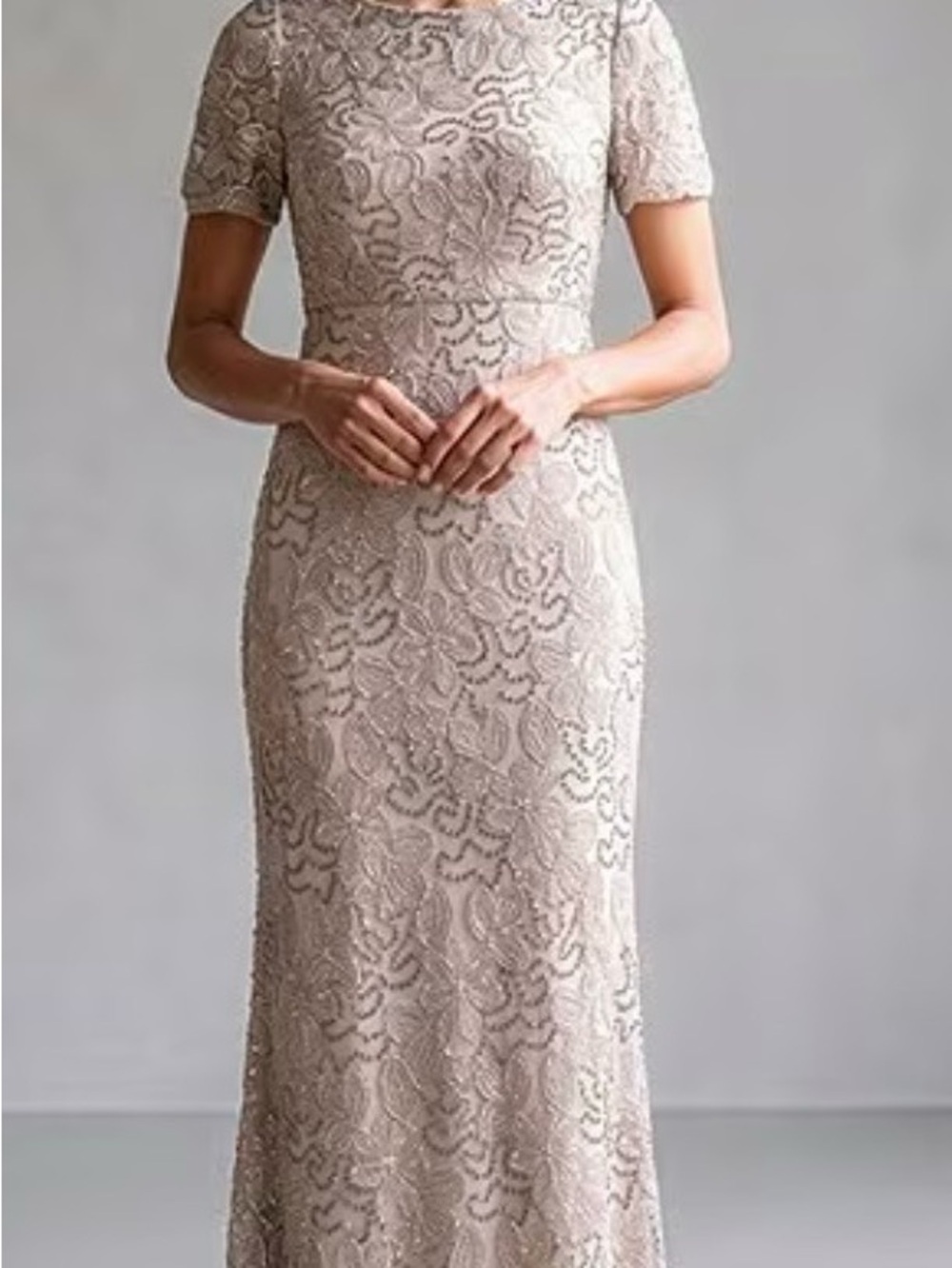 R&M Richards Lace Evening Gown in Blush Champagne